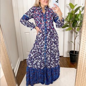 TAJ by Sabrina Crippa Blue Maxi Dress with Bishop Sleeves and Notched Collar